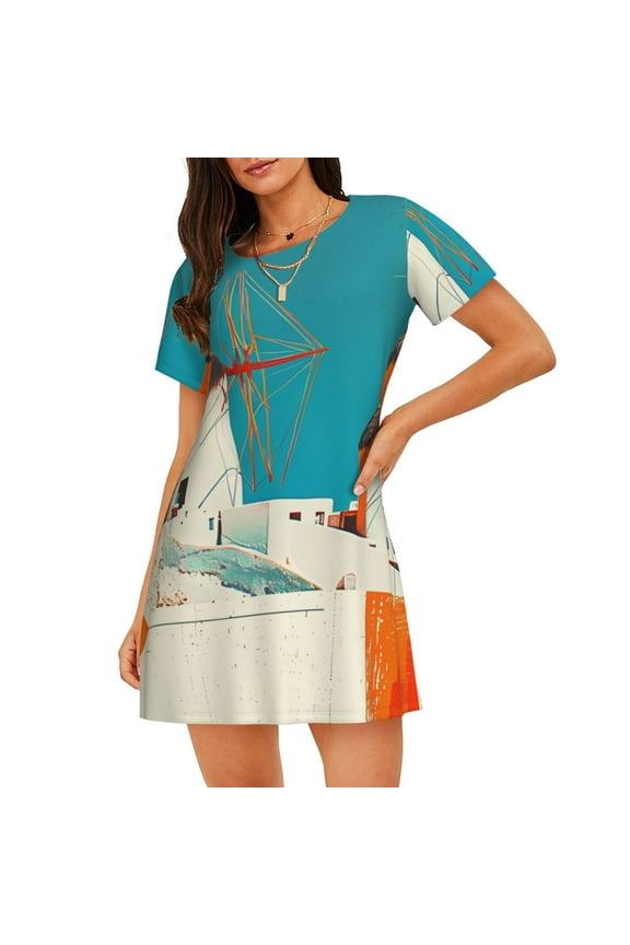 Colorful Greek Windmills Print Nightgowns for Women,Soft Short-Sleeved Lightweight Sleepwear, Loose Sleepshirts