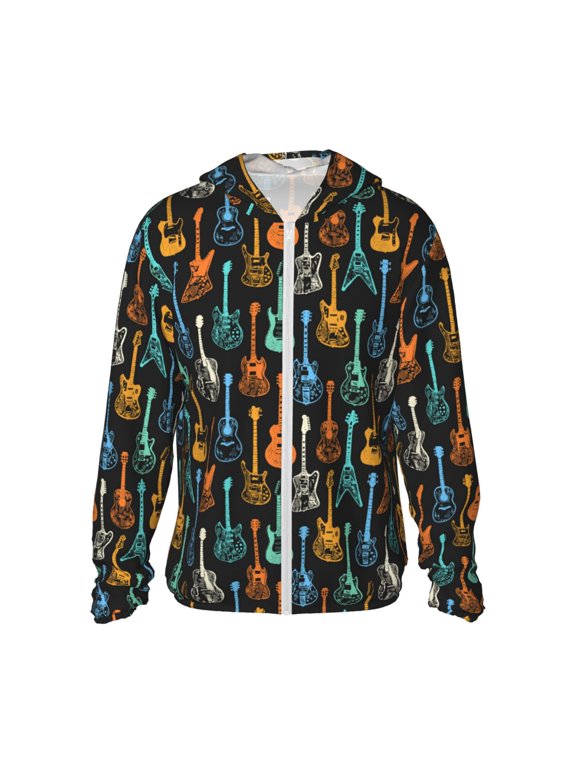 Colorful Guitar Print Men's Women Light Jacket Full Zip Sun Protection Hoodie Long Sleeve Sun Shirts for Men Hiking Fishing Zip Pockets-Small