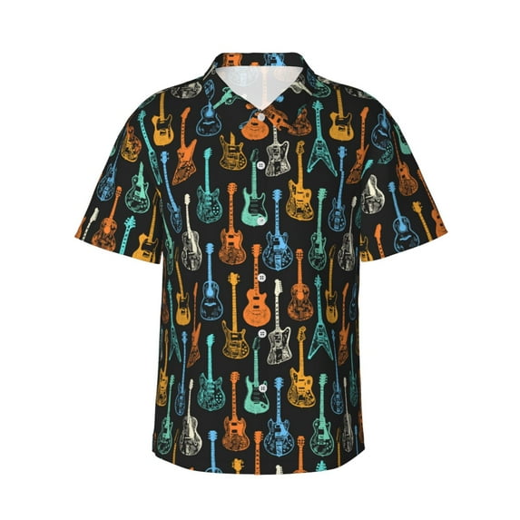 Logiee Colorful Guitar Print Mens Hawaiian Shirts,Loose-Fit Short Sleeve Button Down Tropical Aloha Beach Shirt,Summer Vacation Wedding Tops,3X-Large