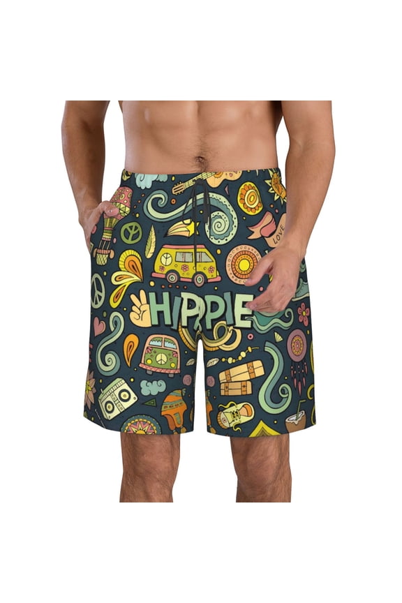 Colorful Hippie Print Mens Swim Trunks Quick Dry Board Shorts,Breathable Hawaii Beach Shorts Swimwear Bathing Suits-Small