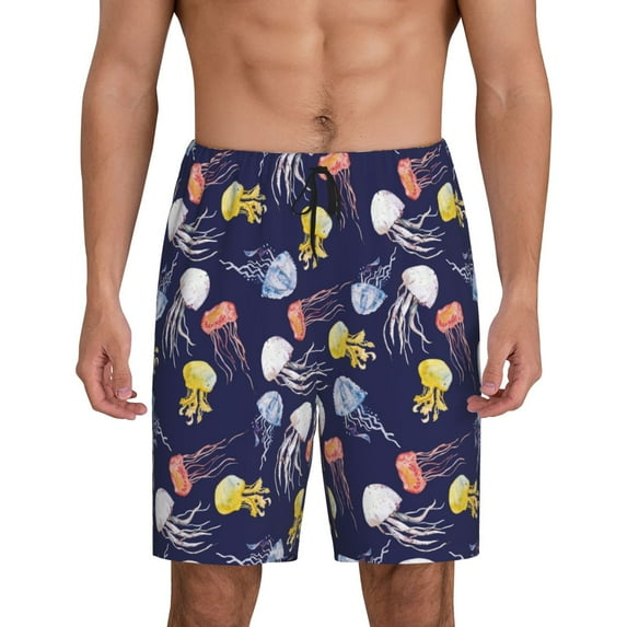 Logiee Colorful Jellyfish Print Men's Pajama Shorts with Drawstring & Pockets,Sleep Shorts for Men,Sleepwear Bottoms,Elastic Waistband Loungewear-Medium