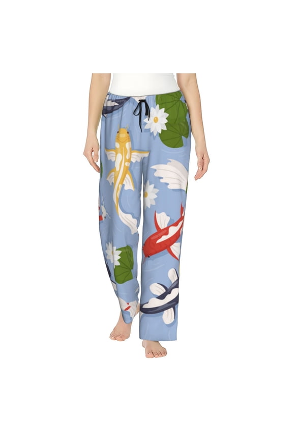 Colorful Koi Fish Print Women Pajama Pants,Comfy Pj Bottom with Pockets & Drawstring,Stretch Casual Sleepwear-X-Large