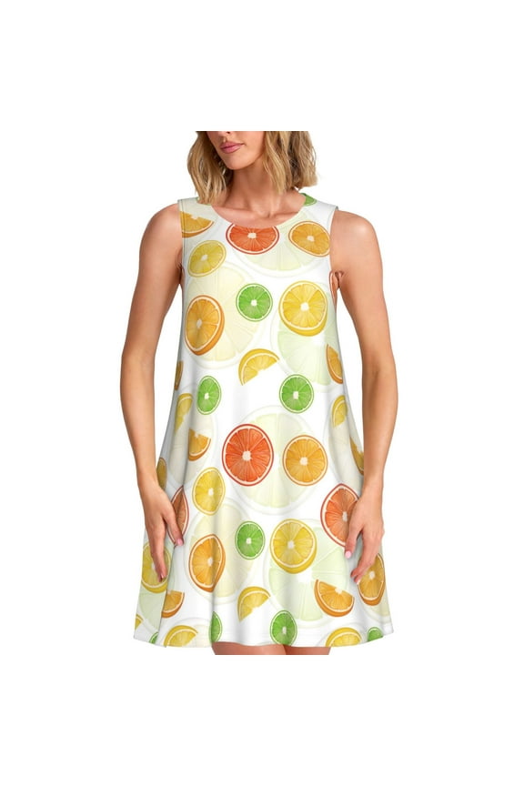 Colorful Lemons Print Summer Dresses for Women,Beach Sleeveless Flowy Pocket Tshirt Tank Sundresses,Women's Sleeveless Dress