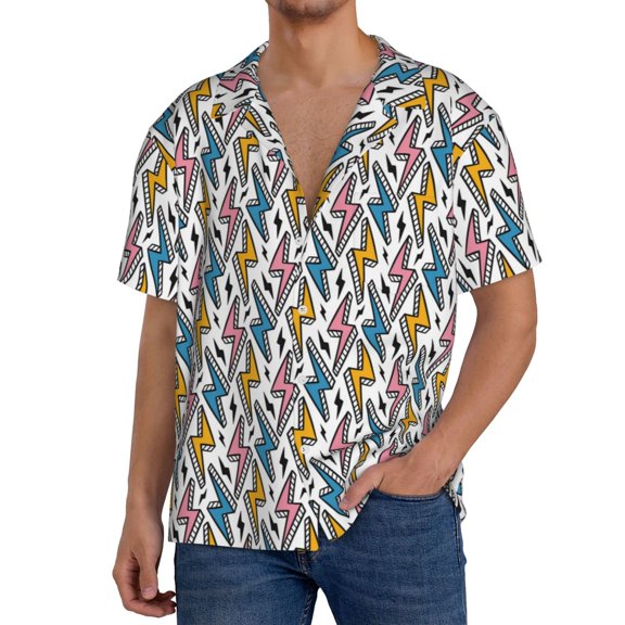 Logiee Colorful Lightning Bolts Print Men's Button Down Shirts Short Sleeve, Summer Beach Shirts,Vacation Wedding Shirts,Men's Casual Button-Down Shirts with Pocket-Medium