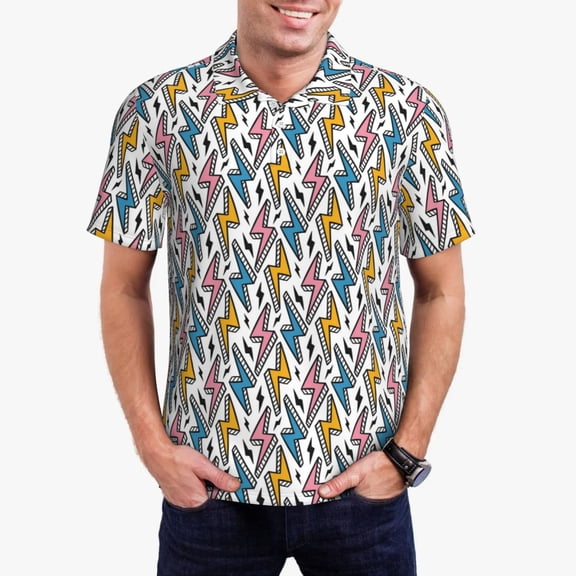 Logiee Colorful Lightning Bolts Print Mens Polo Shirts,Mens Golf Polo Shirts,Short Sleeve Casual Polo Shirts for Men,Summer Fashion Beach Shirts-Medium