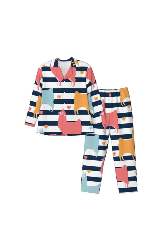 Colorful Llama Print Mens Long Sleeve Pajama Set,Notched Collar Pajamas for Men, Men's Sleepwear,Mens Sleepwear with Pockets & Button Down-Large