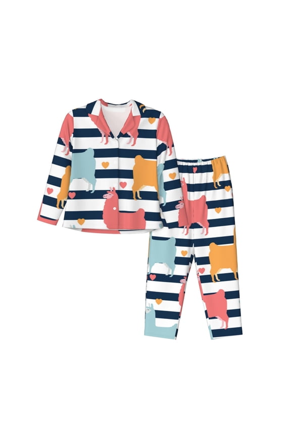 Colorful Llama Print Womens Pajamas Set,Long Sleeve Sleepwear,Button Down Lounge Set 2 Pieces,Soft Nightwear Pjs Set-Large