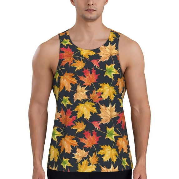 Logiee Colorful Maple Leaves Print Men's Workout Tank Top,Quick Dry Workout Tank Top,Gym Muscle Tee,Fitness Bodybuilding Sleeveless T Shirt-3X-Large