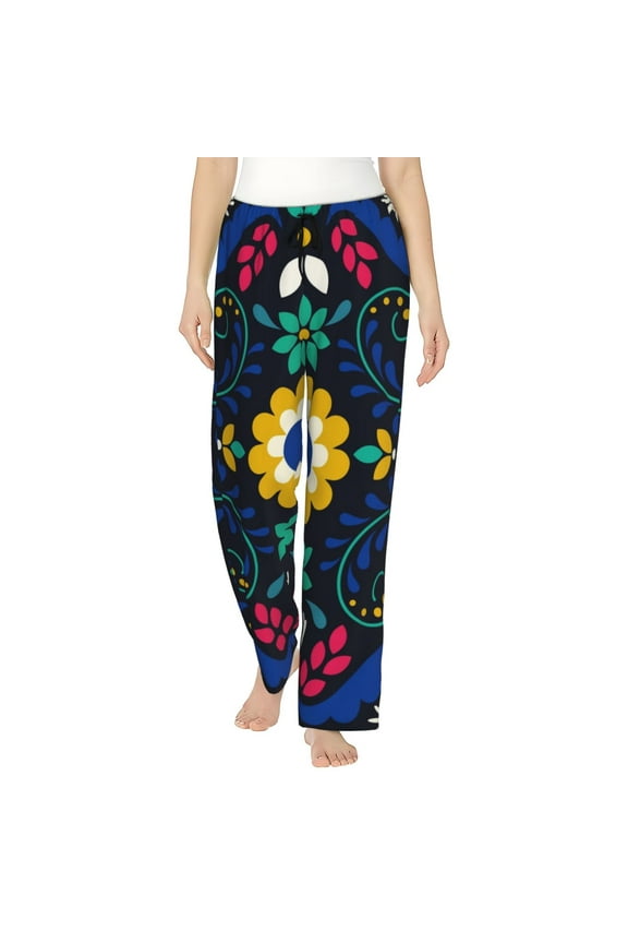 Colorful Mexican Flower Print Women Pajama Pants,Comfy Pj Bottom with Pockets & Drawstring,Stretch Casual Sleepwear-Large