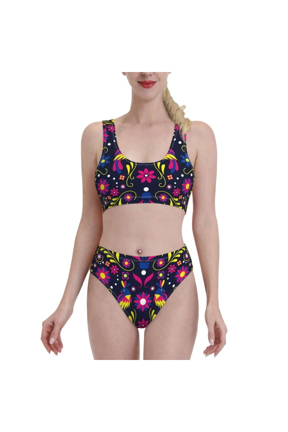 Colorful Mexican Print Women's 2 Piece Bikini Set Halter Bathing Suit High Waisted Bikini Sets-X-Large
