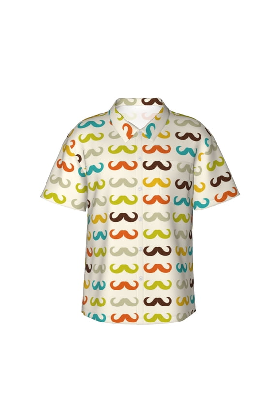 Colorful Mustache Print Mens Hawaiian Shirts,Loose-Fit Short Sleeve Button Down Tropical Aloha Beach Shirt,Summer Vacation Wedding Tops,Medium