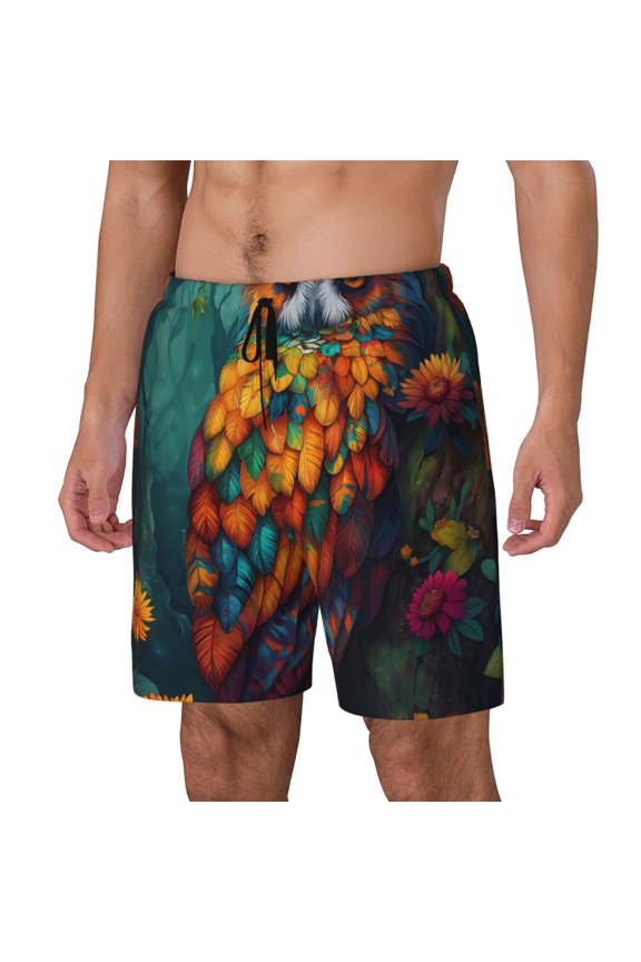 Colorful Owl Forest Print Men's Swim Trunk,Quick Dry Board Shorts ,Men's Swim Trunks with Compression Liner, Bathing Suits with Pockets-XX-Large