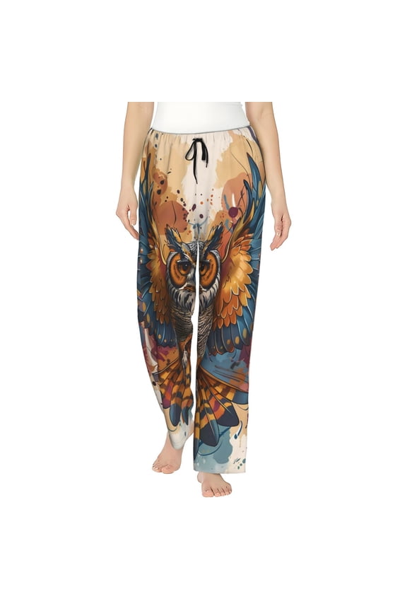 Colorful Owl Tattoo Art Print Women Pajama Pants,Comfy Pj Bottom with Pockets & Drawstring,Stretch Casual Sleepwear-Large