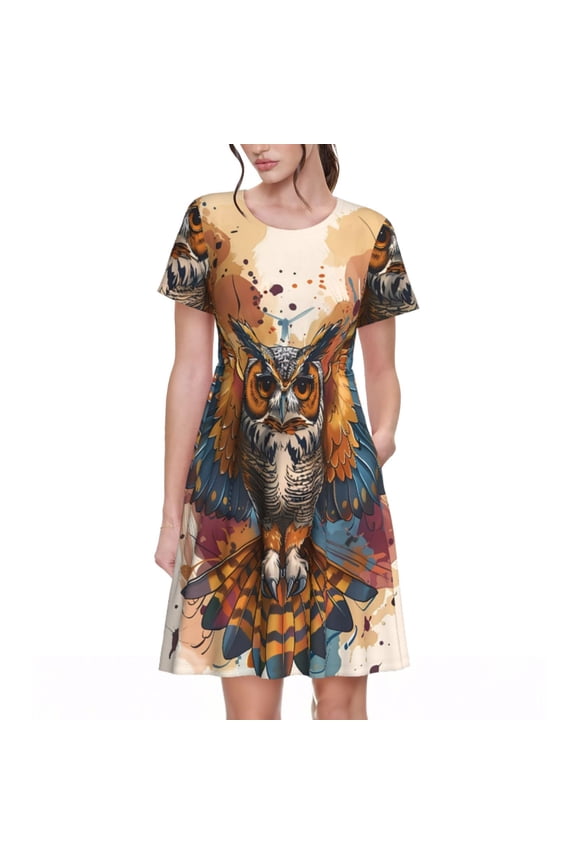 Colorful Owl Tattoo Art Print Womens Summer Dress,Casual Short Sleeve Sundresses,Beach A-line Shift Dress with Pockets