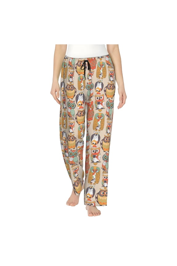 Colorful Owls Print Women Pajama Pants,Comfy Pj Bottom with Pockets & Drawstring,Stretch Casual Sleepwear-Small