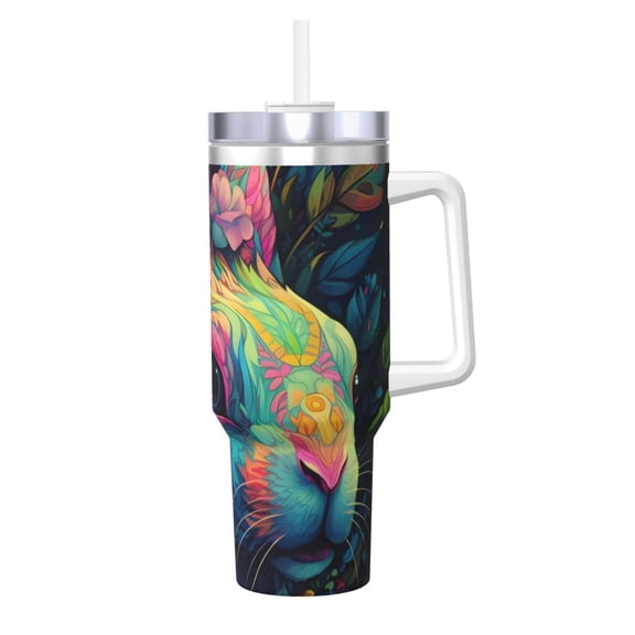 Logiee Colorful Patterned Rabbit Print 40OZ Ice Bully Cup with Handle and Straw, Double Wall Stainless Steel Tumbler,Travel Coffee Cup with Lid, Summer Insulation and Cooling Cup