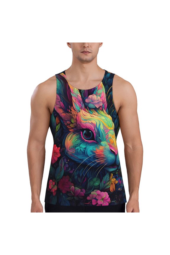 Colorful Patterned Rabbit Print Men's Workout Tank Top,Quick Dry Workout Tank Top,Gym Muscle Tee,Fitness Bodybuilding Sleeveless T Shirt-Medium