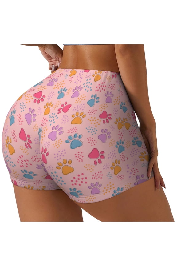 Colorful Pets Paws Print Women's Biker Shorts,Workout Gym Shorts,Scrunch Shorts,Tummy Control Hidden Scrunch Running Yoga Shorts-Medium