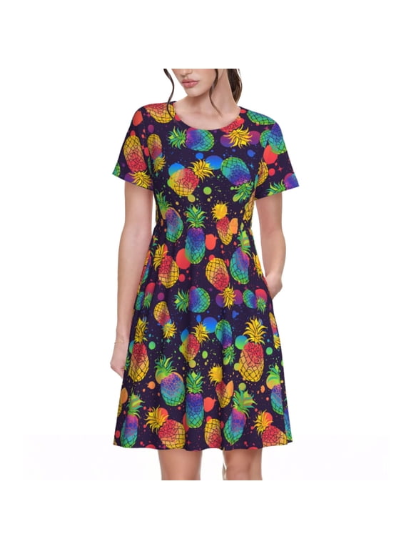 Colorful Pineapples1 Print Womens Summer Dress,Casual Short Sleeve Sundresses,Beach A-line Shift Dress with Pockets