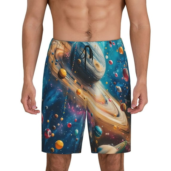 Logiee Colorful Planet Universe Print Men's Pajama Shorts with Drawstring & Pockets,Sleep Shorts for Men,Sleepwear Bottoms,Elastic Waistband Loungewear-XX-Large