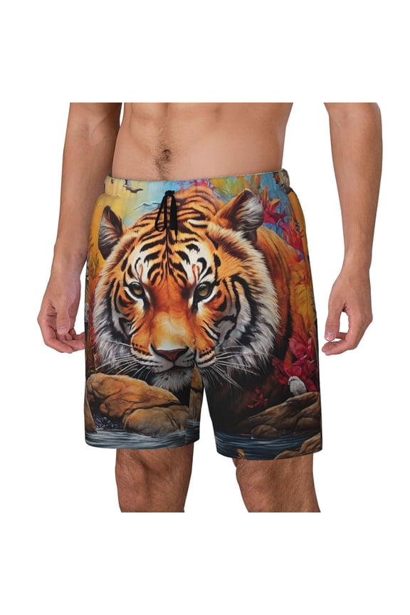Colorful Plant Tiger Print Men's Swim Trunk,Quick Dry Board Shorts ,Men's Swim Trunks with Compression Liner, Bathing Suits with Pockets-Large