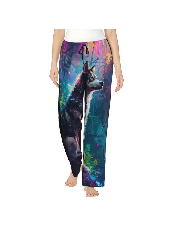Colorful Plant Wolf Print Women Pajama Pants,Comfy Pj Bottom with Pockets & Drawstring,Stretch Casual Sleepwear-Medium