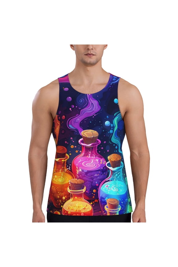 Colorful Potion Bottles Magic Print Men's Workout Tank Top,Quick Dry Workout Tank Top,Gym Muscle Tee,Fitness Bodybuilding Sleeveless T Shirt-3X-Large