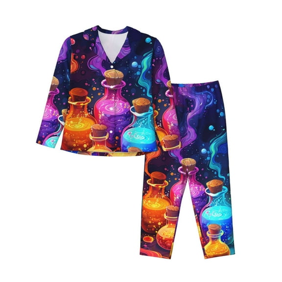 Logiee Colorful Potion Bottles Magic Print Womens Pajamas Set,Long Sleeve Sleepwear,Button Down Lounge Set 2 Pieces,Soft Nightwear Pjs Set-Large