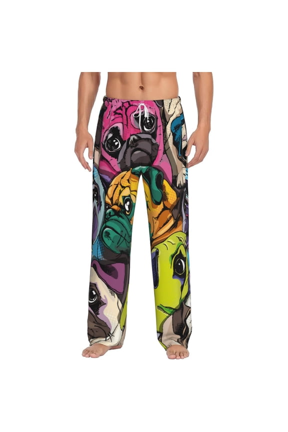 Colorful Pug Print Pajama Pants for Men,Men’s Pajama Bottoms,Mens PJ Pants with Pockets & Button Fly-Large