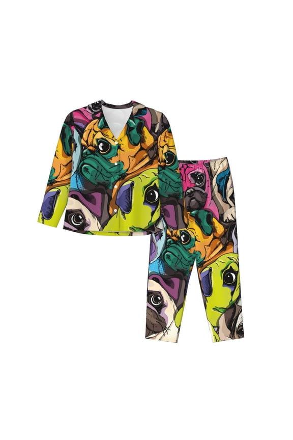 Colorful Pug Print Womens Pajamas Set,Long Sleeve Sleepwear,Button Down Lounge Set 2 Pieces,Soft Nightwear Pjs Set-Medium