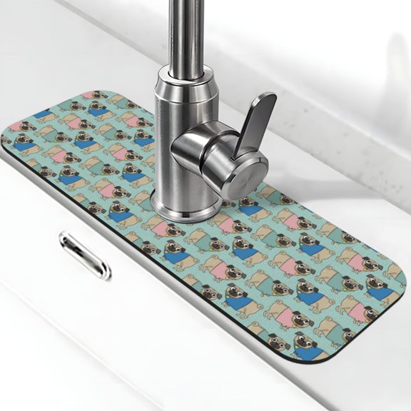 Logiee Colorful Pugs Print Kitchen Sink Splash Guard Faucet Mat for Splash Guard Behind Faucet Drip Catcher for Kitchen,Bathroom,Sink Mat,Dish Drying Mat,Bathroom-15" X 5.5"