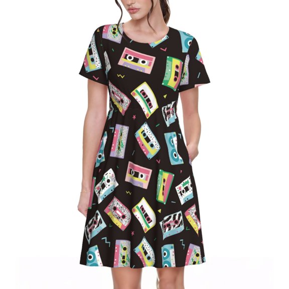 Logiee Colorful Retro Tape Print Womens Summer Dress,Casual Short Sleeve Sundresses,Beach A-line Shift Dress with Pockets