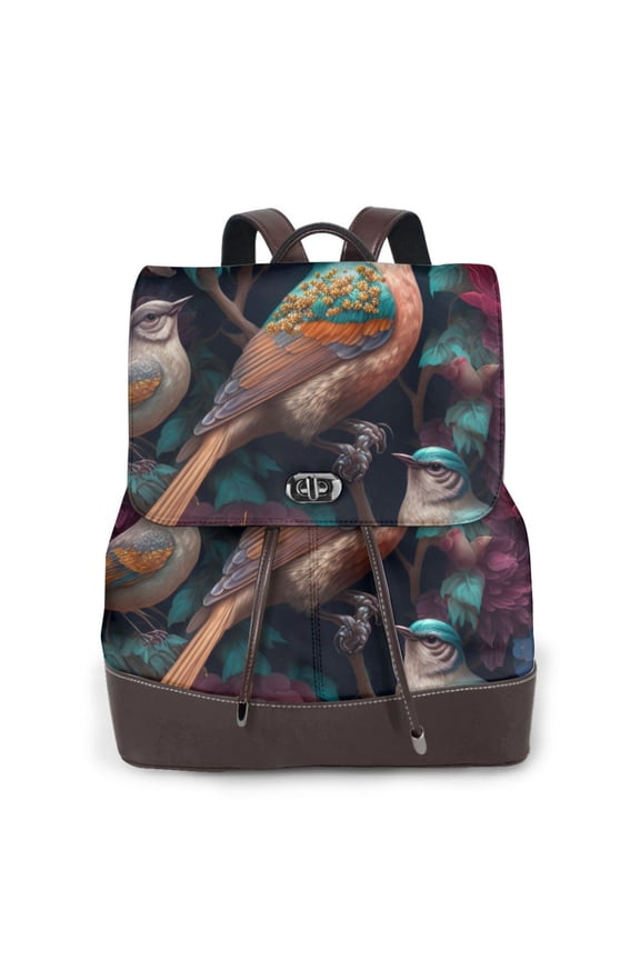 Colorful Rose Bird Print Women's Leather Backpack,Travel Laptop Backpack,Fashion Ladies Leather Backpack Bag for Travel,Leather Drawstring Daypack for Me
