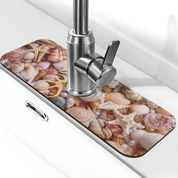 Logiee Colorful Seashells Print Kitchen Sink Splash Guard Faucet Mat for Splash Guard Behind Faucet Drip Catcher for Kitchen,Bathroom,Sink Mat,Dish Drying Mat,Bathroom-15" X 5.5"