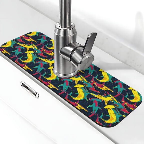 Logiee Colorful Sharks Print Kitchen Sink Splash Guard Faucet Mat for Splash Guard Behind Faucet Drip Catcher for Kitchen,Bathroom,Sink Mat,Dish Drying Mat,Bathroom-15" X 5.5"