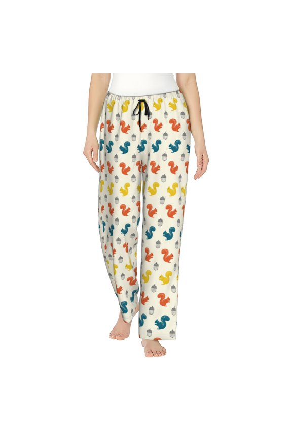 Colorful Squirrel Print Women Pajama Pants,Comfy Pj Bottom with Pockets & Drawstring,Stretch Casual Sleepwear-Large