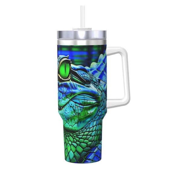 Logiee Colorful Stained Glass Crocodile Print 40OZ Ice Bully Cup with Handle and Straw, Double Wall Stainless Steel Tumbler,Travel Coffee Cup with Lid, Summer Insulation and Cooling Cup