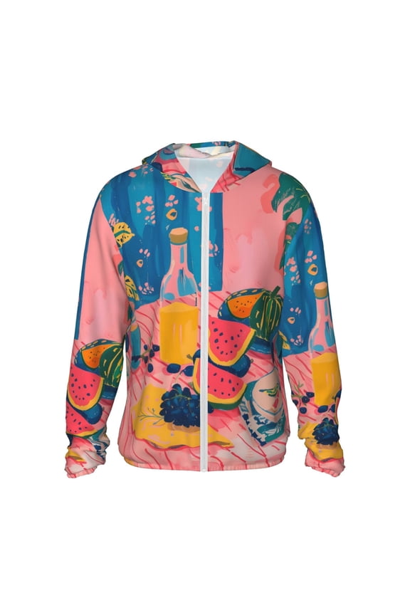 Colorful Summer Fruit Table Print Men's Women Light Jacket Full Zip Sun Protection Hoodie Long Sleeve Sun Shirts for Men Hiking Fishing Zip Pockets-Medium