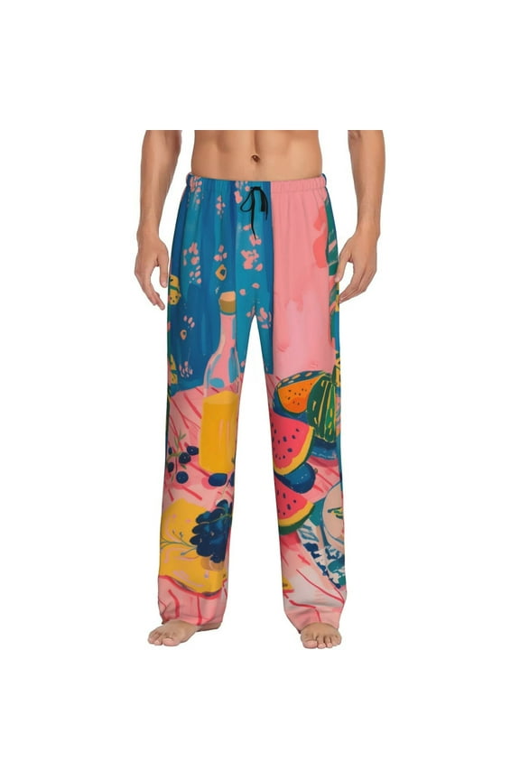 Colorful Summer Fruit Table Print Pajama Pants for Men,Men’s Pajama Bottoms,Mens PJ Pants with Pockets & Button Fly-Medium