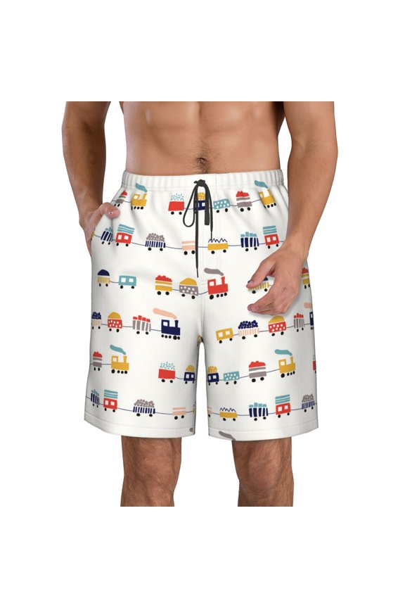 Colorful Trains Print Mens Swim Trunks Quick Dry Board Shorts,Breathable Hawaii Beach Shorts Swimwear Bathing Suits-3X-Large