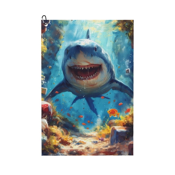 Logiee Colorful Underwater Shark Print Golf Towels,16" x 24" Portable Golf Towel for Golf Bag with Carabiner Clip to Quickly Remove Sand,Mud and Sweat