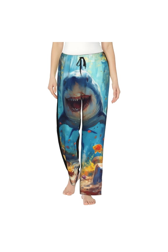 Colorful Underwater Shark Print Women Pajama Pants,Comfy Pj Bottom with Pockets & Drawstring,Stretch Casual Sleepwear-XX-Large
