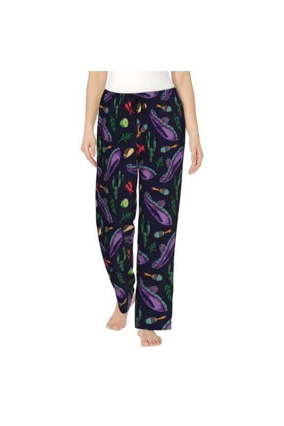 Colorful Vintage Cactuses Print Women Pajama Pants,Comfy Pj Bottom with Pockets & Drawstring,Stretch Casual Sleepwear-Large