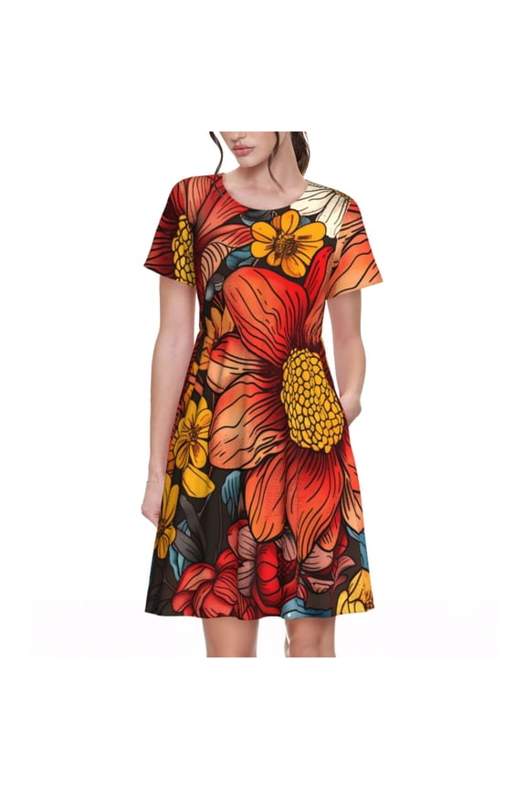 Colorful Vintage Floral Pattern Print Womens Summer Dress,Casual Short Sleeve Sundresses,Beach A-line Shift Dress with Pockets