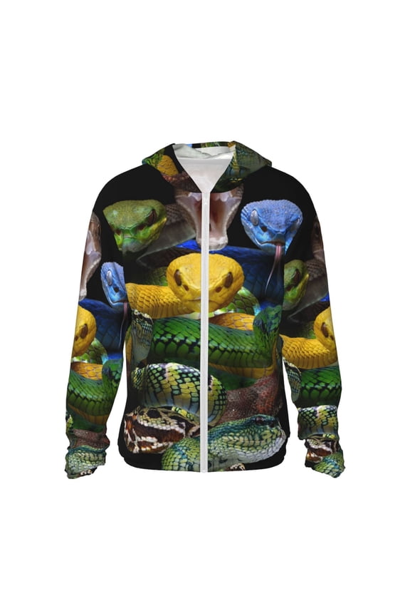 Colorful Viper Snake Print Men's Women Light Jacket Full Zip Sun Protection Hoodie Long Sleeve Sun Shirts for Men Hiking Fishing Zip Pockets-