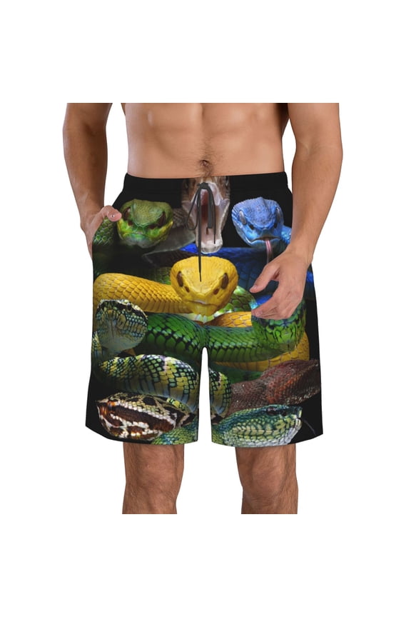 Colorful Viper Snake Print Mens Swim Trunks Quick Dry Board Shorts,Breathable Hawaii Beach Shorts Swimwear Bathing Suits-Large