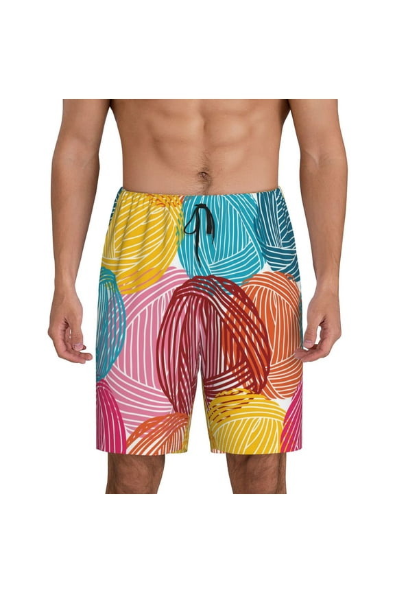 Colorful Wool Balls Print Men's Pajama Shorts with Drawstring & Pockets,Sleep Shorts for Men,Sleepwear Bottoms,Elastic Waistband Loungewear-Small