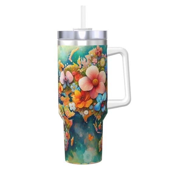 Logiee Colorful World Map Print 40OZ Ice Bully Cup with Handle and Straw, Double Wall Stainless Steel Tumbler,Travel Coffee Cup with Lid, Summer Insulation and Cooling Cup