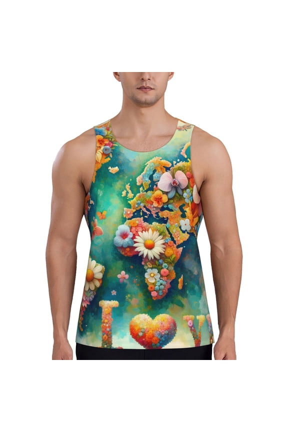 Colorful World Map Print Men's Workout Tank Top,Quick Dry Workout Tank Top,Gym Muscle Tee,Fitness Bodybuilding Sleeveless T Shirt-XX-Large