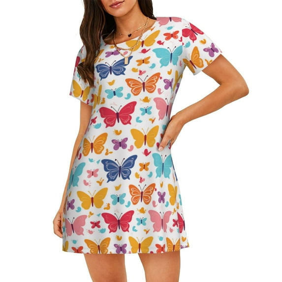 Logiee Colorful butterflies Print Nightgowns for Women,Soft Short-Sleeved Lightweight Sleepwear, Loose Sleepshirts